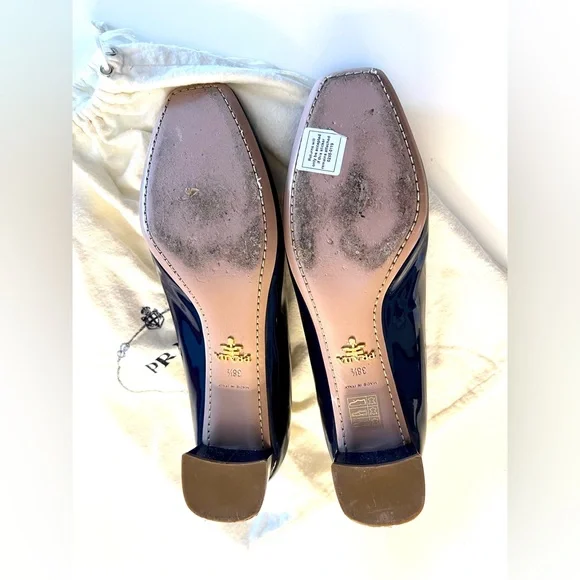 Prada Navy Patent Leather Block Heels Low Heel Square Toe with Bag - Size 38.5 - Picture 5 of 8